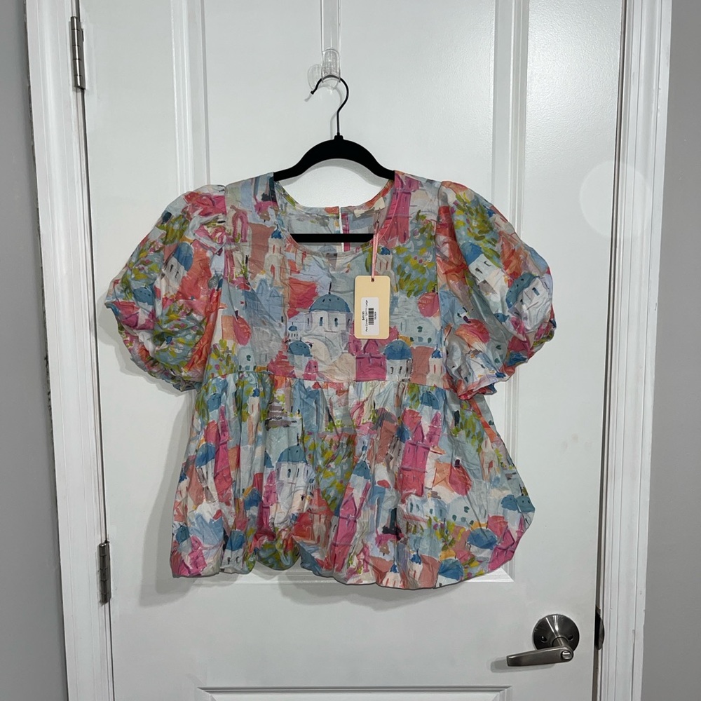 Entro Multicolor Abstract Bubble Hem Blouse with Puff Sleeves